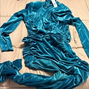 Teal Velvet Ruched Dress Beverly Asymmetrical Hem Ruched Velvet Dress
